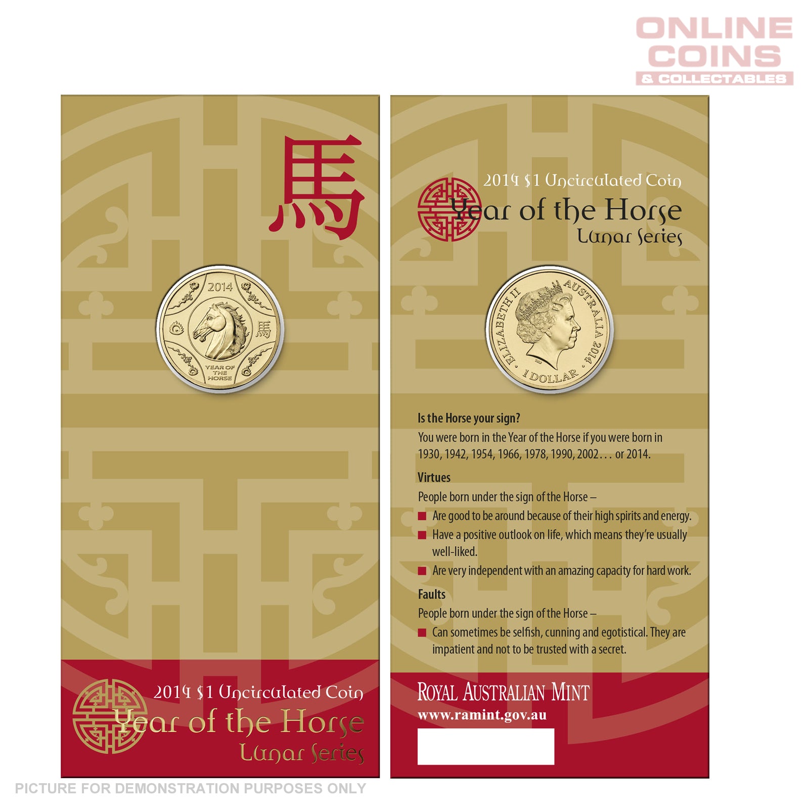 2014 Royal Australian Mint - Lunar Year of the Horse - Uncirculated $1 Carded Coin